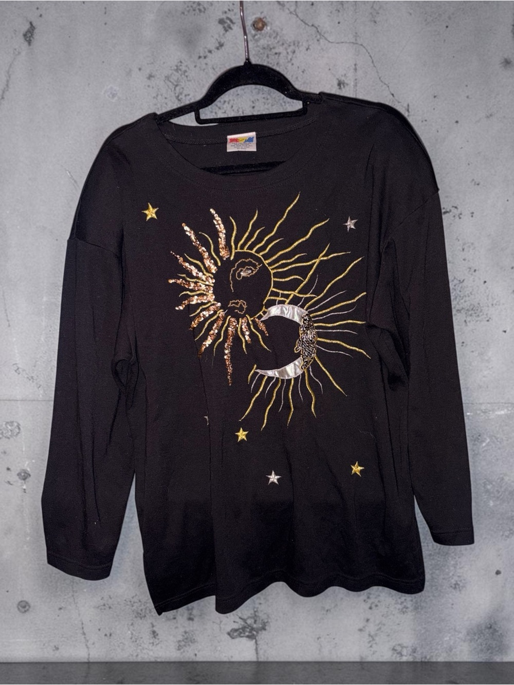 Vintage Black Sun & Moon Embroidered Long Sleeve Sweater with Shoulder Pads